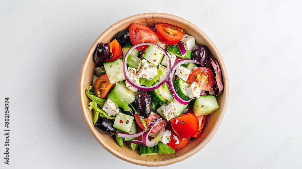 Delicious Greek salad served in a convenient paper bowl for take-away, captured from a top-down perspective against a white backdrop. Delicious Greek salad served in a convenient paper bowl for take-away, captured from a top-down perspective against a white backdrop.