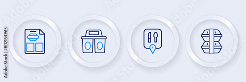 Set line Lunch box, Cafe and restaurant location, Coffee cup to go and Restaurant cafe menu icon. Vector