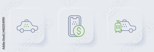 Set line Taxi car, Mobile banking and icon. Vector