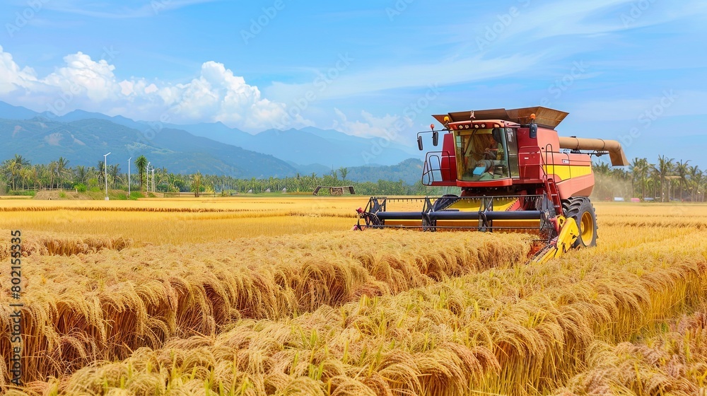 Fototapeta premium Farmers operating a modern combine harvester, reaping bountiful rice crops under the clear blue sky in a rural setting.