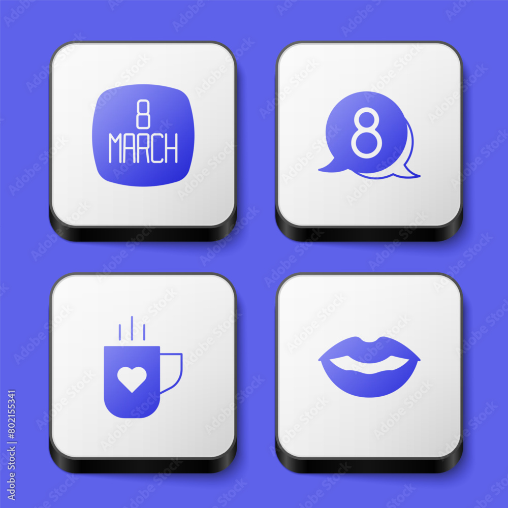 Set 8 March, in speech bubble, Coffee cup and heart and Smiling lips icon. White square button. Vector Set 8 March, in speech bubble, Coffee cup and heart and Smiling lips icon. White square button. Vector