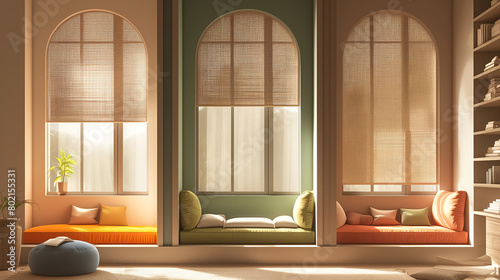 Three windows with different colored curtains and a green couch in the middle