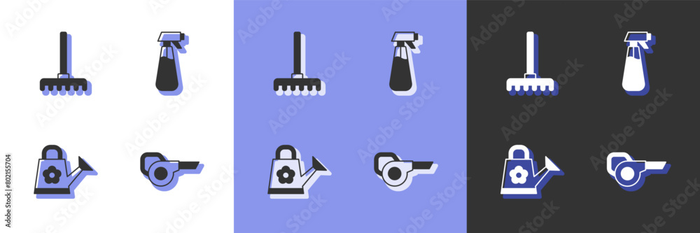 Fototapeta premium Set Leaf garden blower, Garden rake, Watering can and sprayer for water icon. Vector