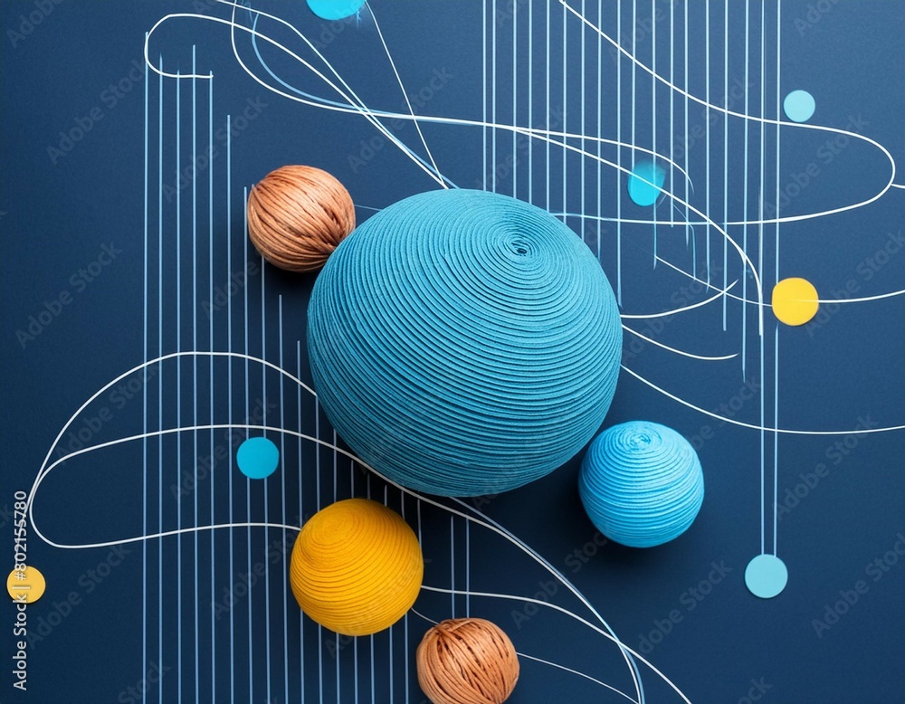 Blue minimal linear circles and colorful spheres abstract background. Geometric vector design Blue minimal linear circles and colorful spheres abstract background. Geometric vector design