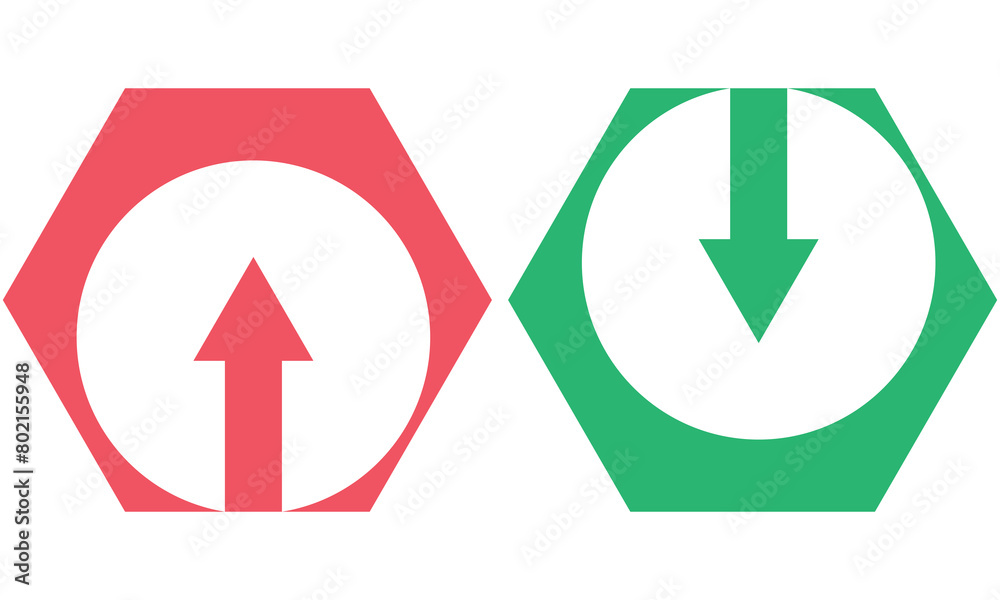 Simple up and down arrows. Upward, downward arrows in green and red Simple up and down arrows. Upward, downward arrows in green and red