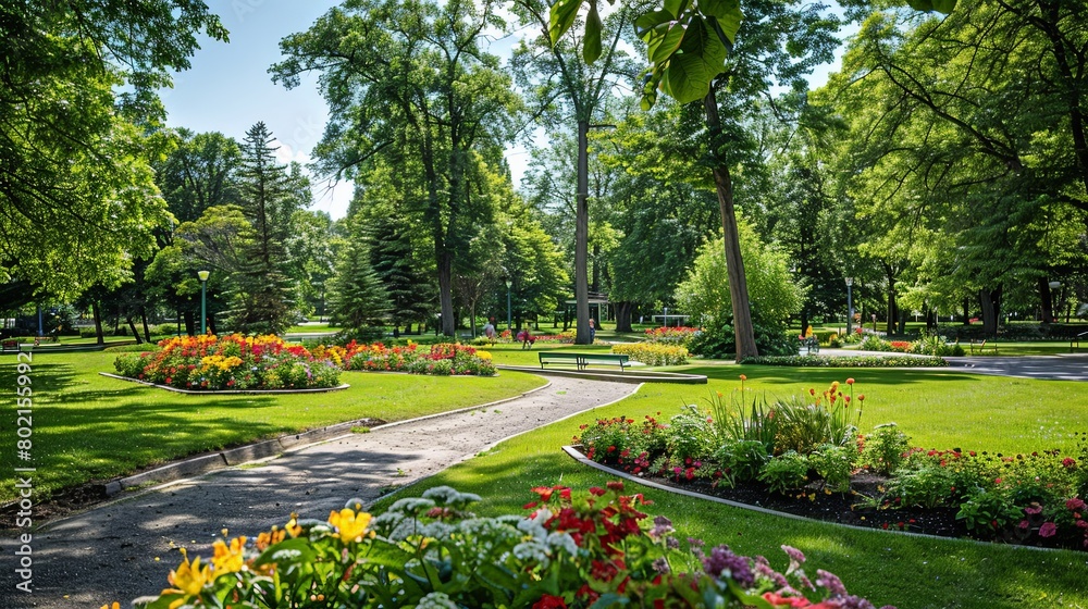 Fototapeta premium Inviting landscape of a public park with tall trees and colorful flower beds, beckoning visitors to explore and enjoy the beauty of nature.