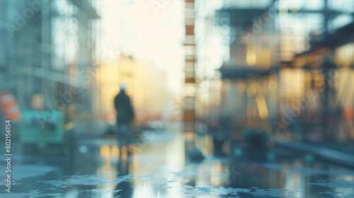 A blurred background captures a construction site with a worker silhouette.