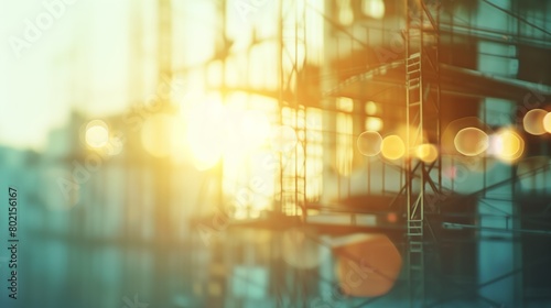 A blurred background captures a construction site bathed in the rays of the sun.
