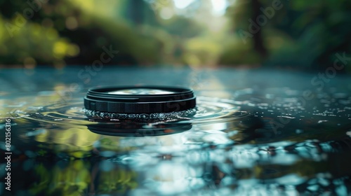 A serene scene of a camera filter, its specialized glass or gel altering the light and mood of a photographic composition on National Camera Day.
