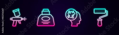 Set line Paint spray gun, Inkwell, and roller brush. Glowing neon icon. Vector photo