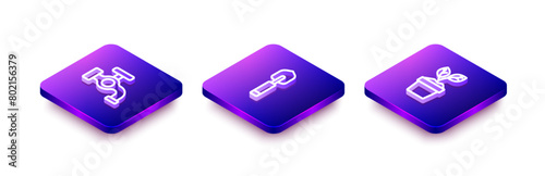 Set Isometric line Water tap, Garden trowel spade or shovel and Plant in pot icon. Vector