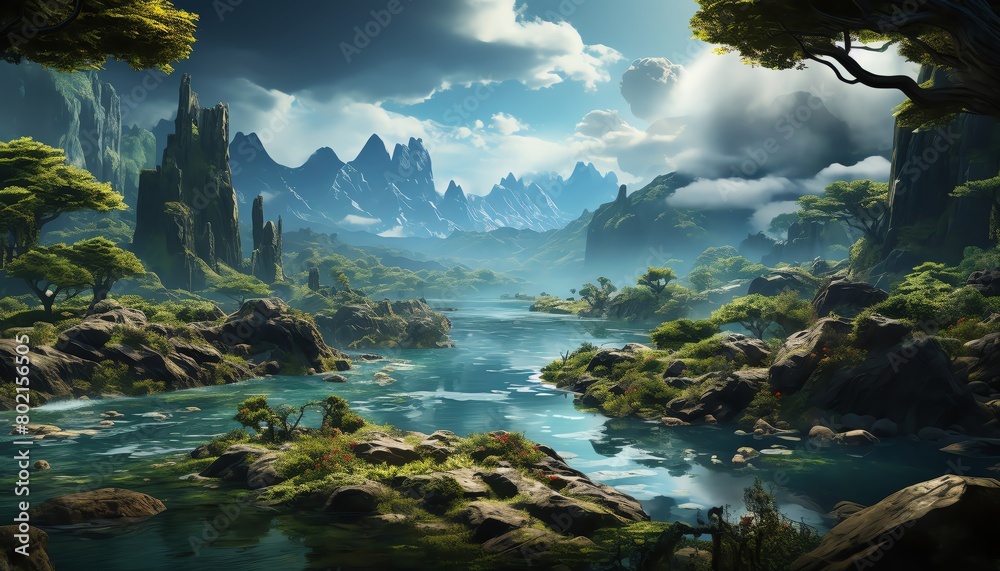 Mysterious stock photo of a hidden valley with floating islands and waterfalls, where the laws of physics are defied and freedom reigns Mysterious stock photo of a hidden valley with floating islands and waterfalls, where the laws of physics are defied and freedom reigns
