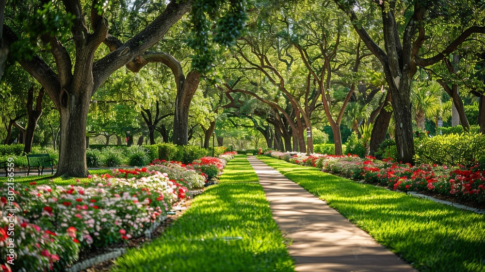 Obraz premium Relaxing view of a well-manicured park with shady trees and blooming flowers, providing a delightful escape for visitors of all ages.