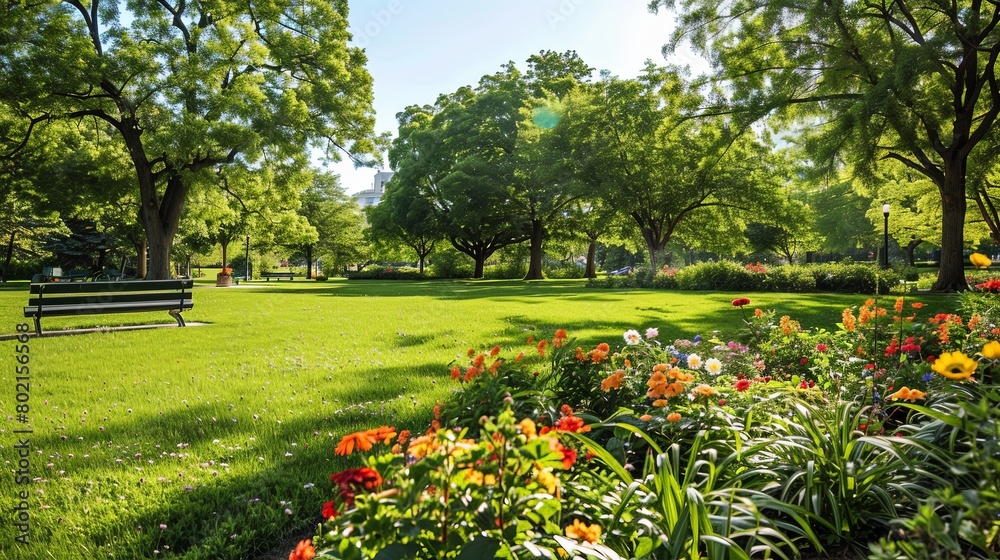 Relaxing view of a well-manicured park with shady trees and blooming flowers, providing a delightful escape for visitors of all ages.