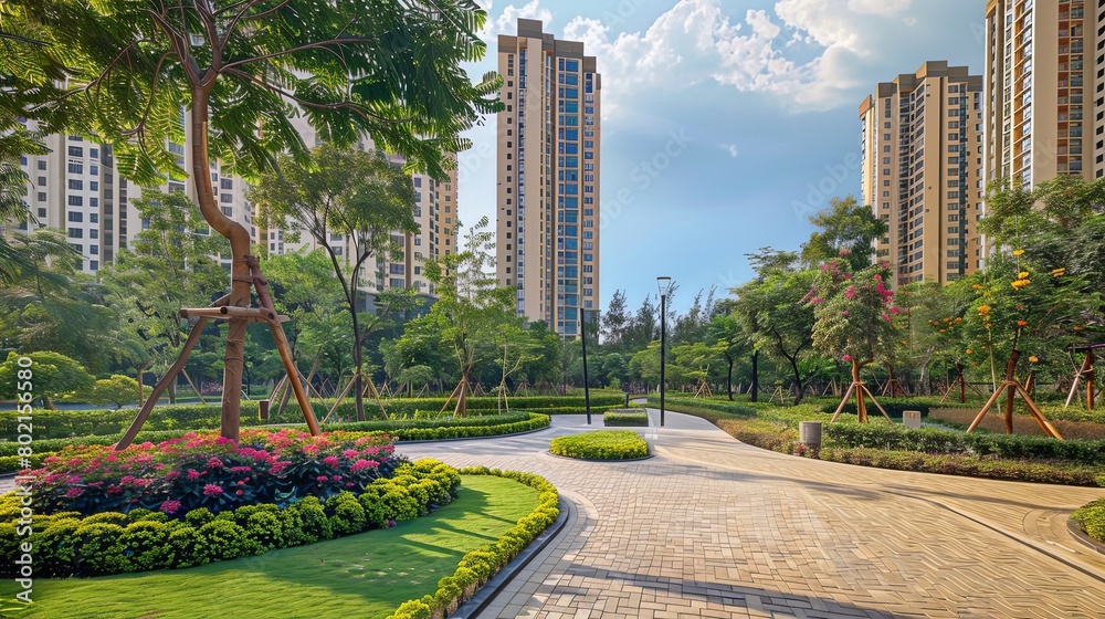 Fototapeta premium Scenic view of towering trees and manicured gardens, offering a refreshing oasis for city dwellers to enjoy leisurely strolls.