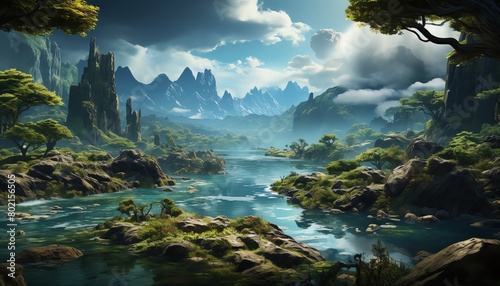 Mysterious stock photo of a hidden valley with floating islands and waterfalls  where the laws of physics are defied and freedom reigns