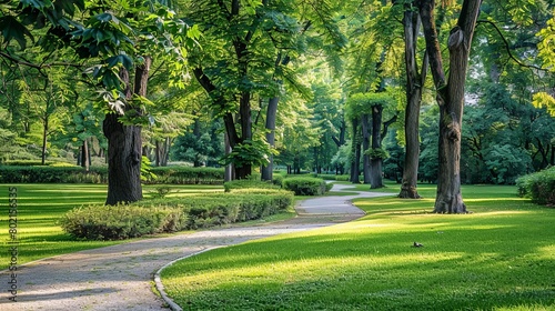 Refreshing image of leafy trees and winding paths in a public garden, providing a serene environment for relaxation and rejuvenation.