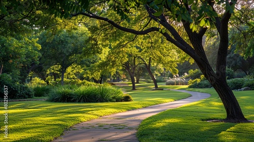 Refreshing image of leafy trees and winding paths in a public garden, providing a serene environment for relaxation and rejuvenation.