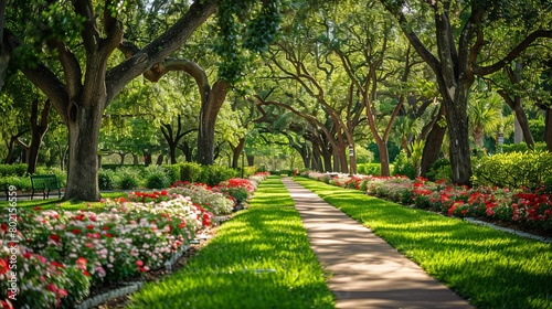 Relaxing view of a well-manicured park with shady trees and blooming flowers, providing a delightful escape for visitors of all ages. © chanidapa