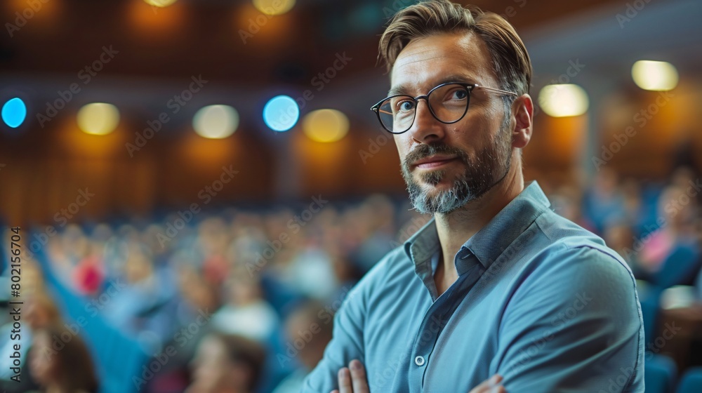 Confident man wearing casual attire. enthusiastically presenting at a seminar on personal development. showcasing motivation and success.