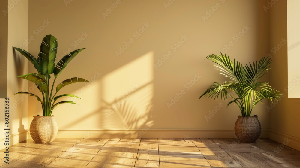 A room with two potted plants and a wall