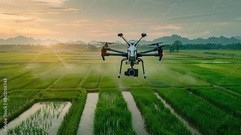 Naklejka premium Stunning aerial perspective of a drone in action, spreading fertilizers over picturesque rice fields, ensuring optimal crop growth.