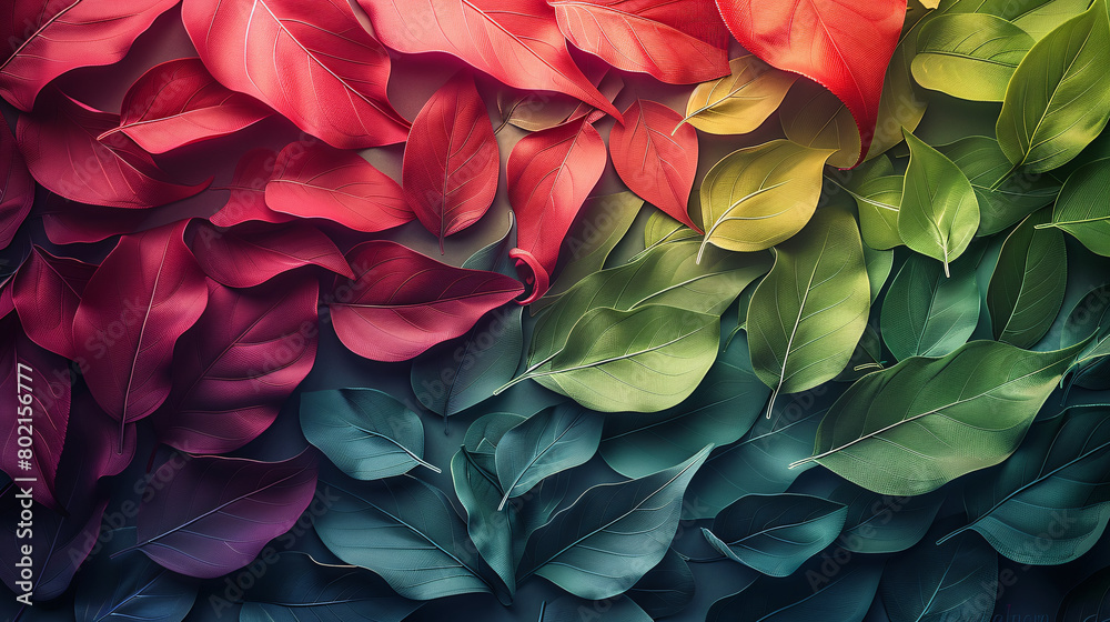 Vibrant Array of Leaves in Shades of Red, Green, and Blue with Lush Textured Appearance