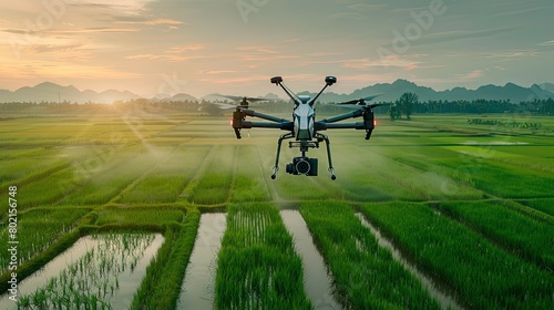 Stunning aerial perspective of a drone in action, spreading fertilizers over picturesque rice fields, ensuring optimal crop growth.