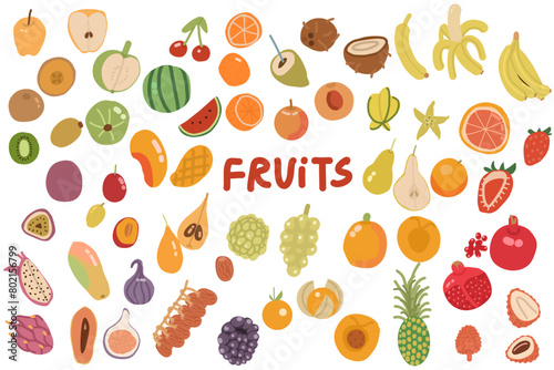 Fruits hand drawn set. Vector illustration isolated on white background. For packaging, wall art, posters, branding, magazines, book cover, blogs, business, social media, greeting cards, banner