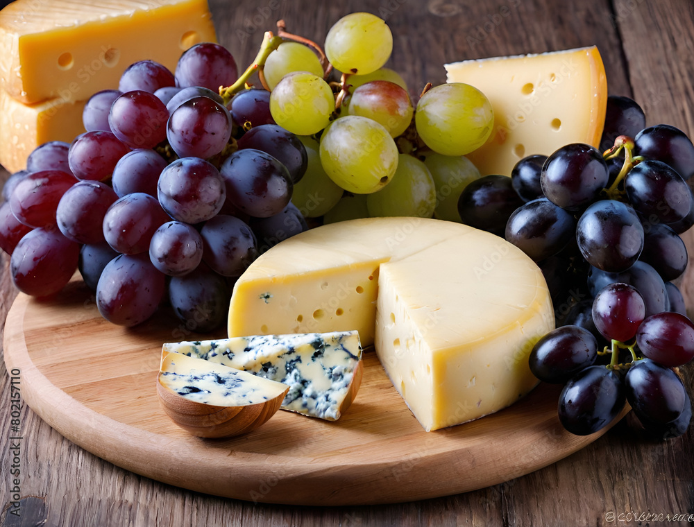 Food display with assorted cheeses, grapes, on wooden cutting board