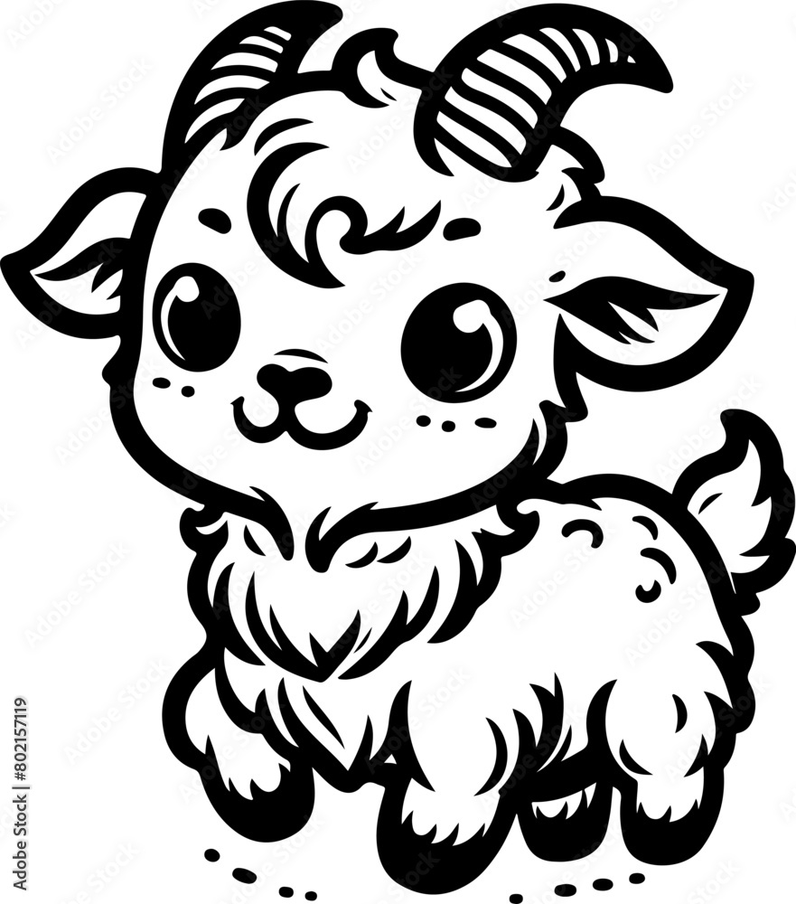 Fototapeta premium Cute little goat kids black outline coloring book illustration.