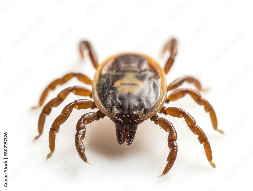 Macro shot of a tick showcasing its detailed anatomy against a stark white background.