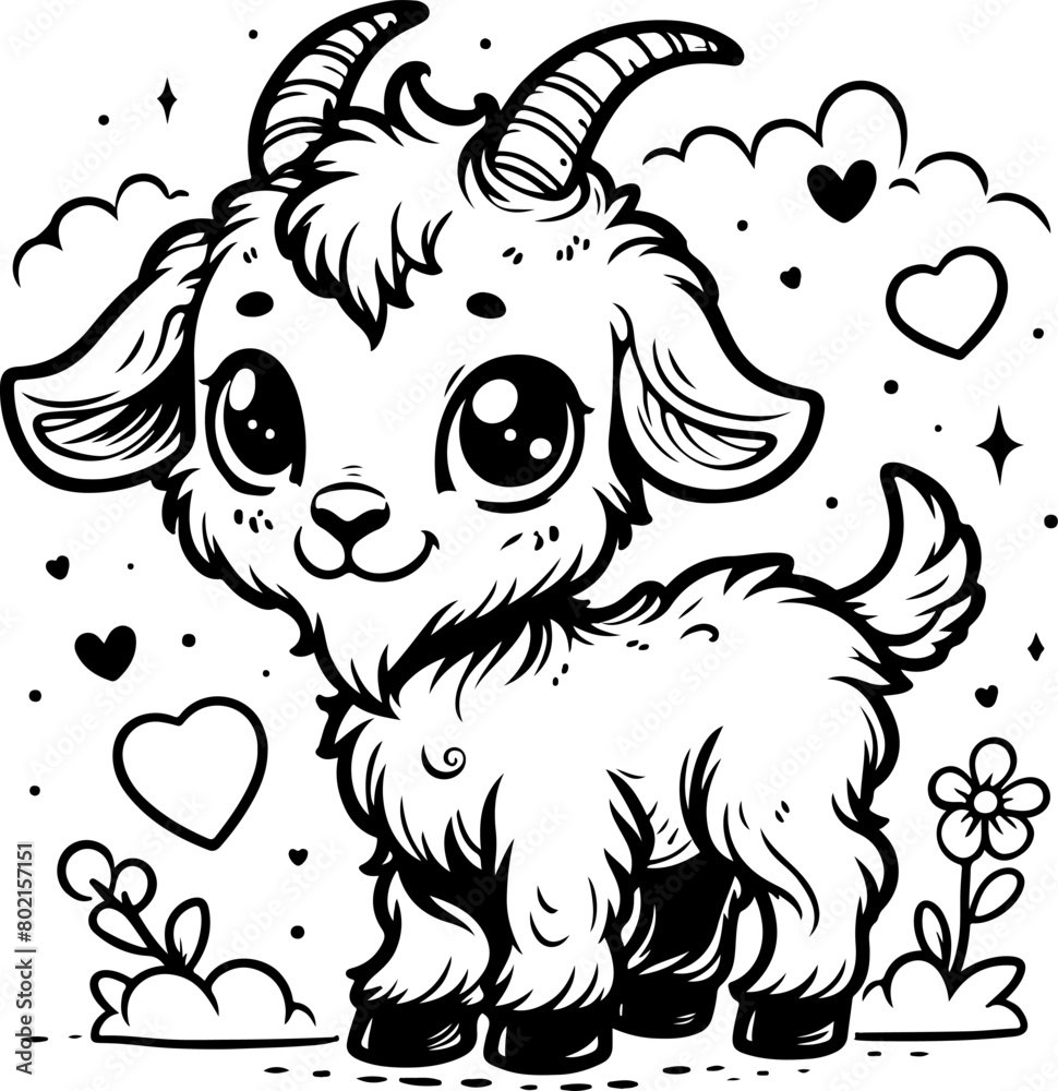 Cute little goat kids black outline coloring book illustration. Cute little goat kids black outline coloring book illustration.