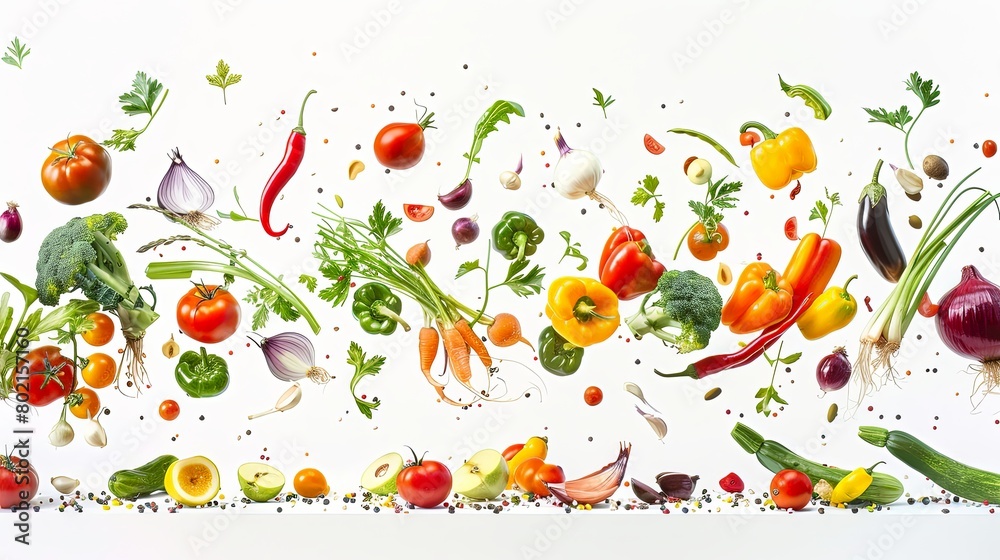 Obraz premium Wholesome vegetables hovering in mid-air against a pure white background, representing the essence of healthy eating and vibrant living.