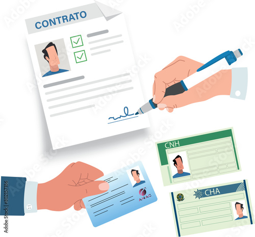 Documentos e contratos nacionais essenciais apresentados, mostrando as formalidades dos acordos jurídicos brasileiros photo