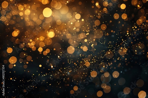 Closeup of shimmering gold bokeh lights on a dark backdrop, creating a mesmerizing atmosphere