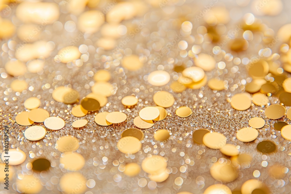 High angle view of a tabletop covered in scattered gold glitter circles, creating a glamorous aesthetic