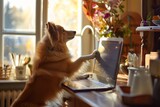 A dog stands on its hind legs with paws on the edge of a laptop, looking curiously at the screen