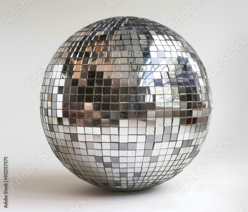 A metallic disco ball paperweight sits on a white surface photo