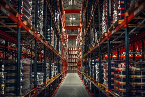 A low-angle view capturing the vast scale of a commercial warehouse filled with numerous shelves and racks