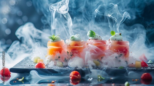 Culinary Innovation. A food scientist experiments with molecular gastronomy. creating edible art that tastes as extraordinary as it looks. photo
