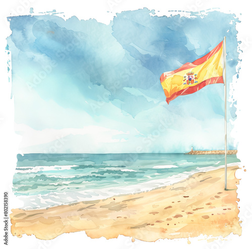 Spanish beach with a waving flag