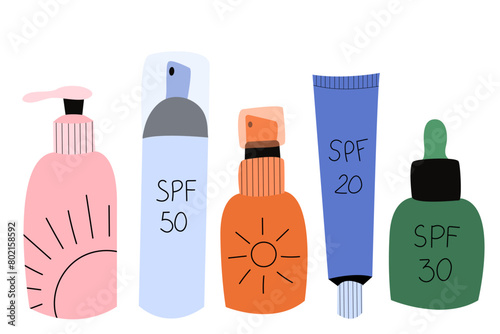 Set of sunscreen moisturizer, sunblock, skin protection and UV rays blocking cream. Skin care routine.