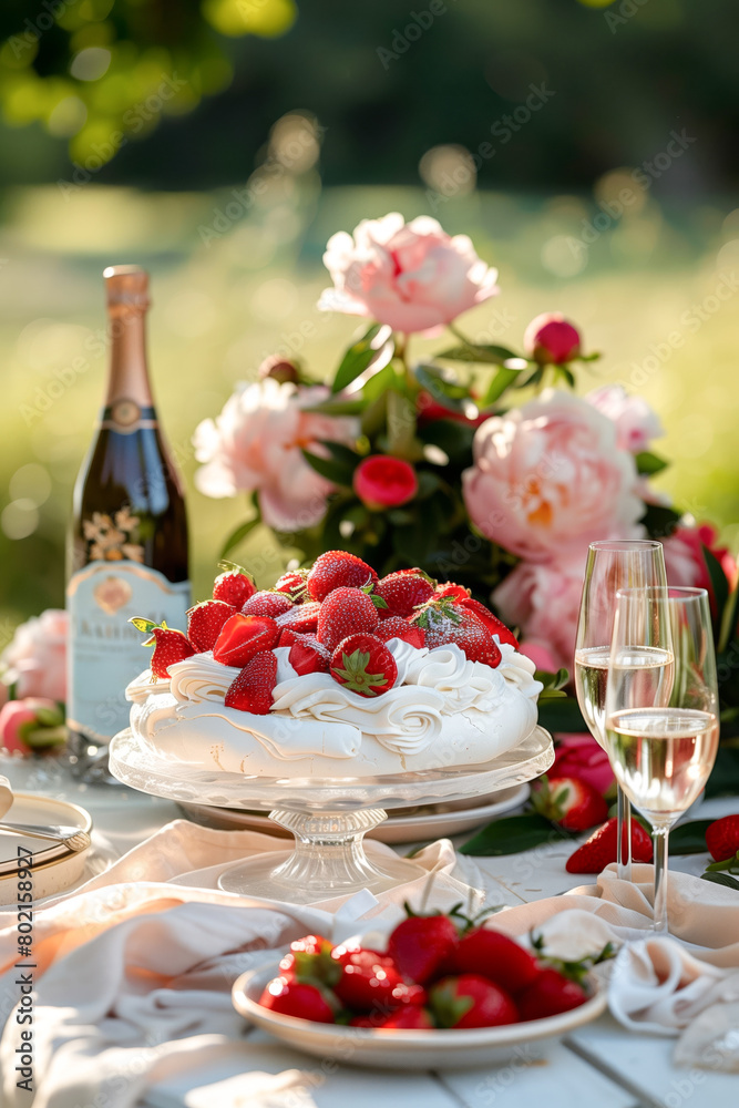 Various desserts, cake, berries and fruits on a beautifully decorated outdoor table Various desserts, cake, berries and fruits on a beautifully decorated outdoor table
