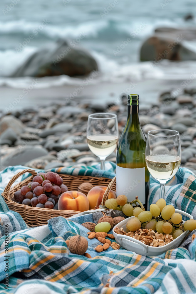 White wine in glasses, appetizers and grapes on a wooden table overlooking the seashore. White wine in glasses, appetizers and grapes on a wooden table overlooking the seashore.