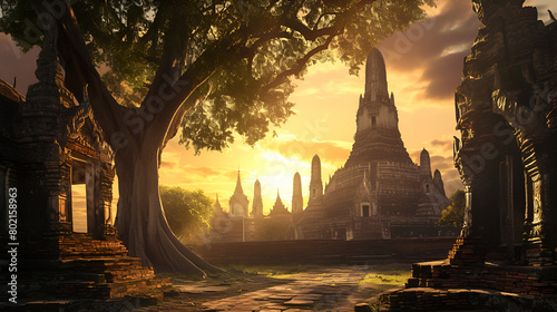 The ancient ruins of Wat Phra Si Sanphet, Wat Phra Si Sanphet Temple in Ayutthaya, Thailand, Generative Ai 