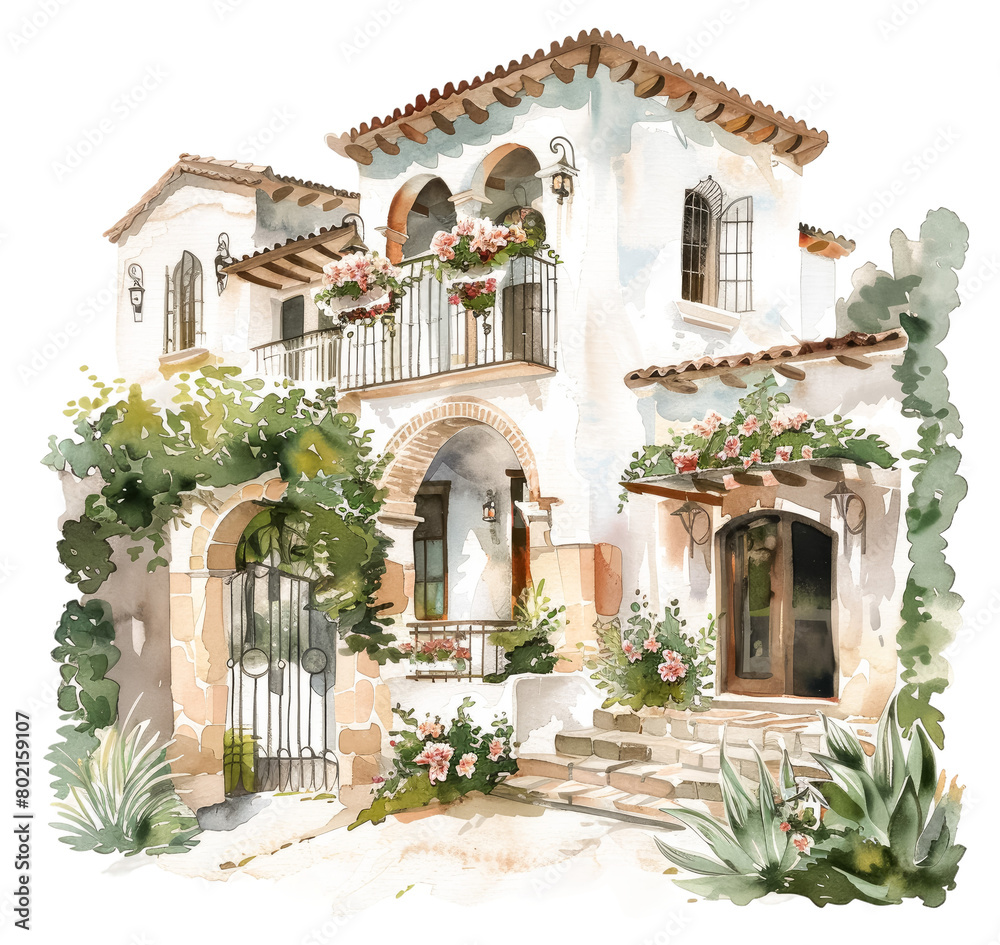 Watercolor of a cozy European style villa