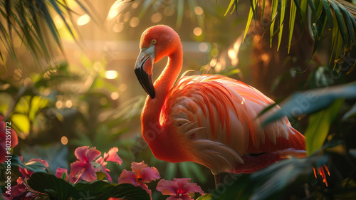 A pink flamingo among flowers at sunset photo