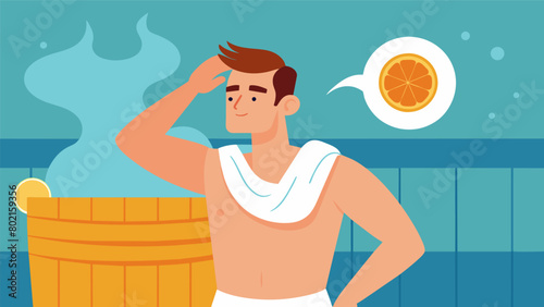 A man holds a chilled towel to his forehead as he leisurely stretches his muscles in a spacious postsauna room. The citrusscented mist emanating from.