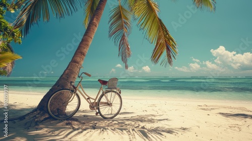 A bicycle with its tire against a palm tree on the beach, under a cloudy sky with water in the background, blending with nature AIG50 © Summit Art Creations